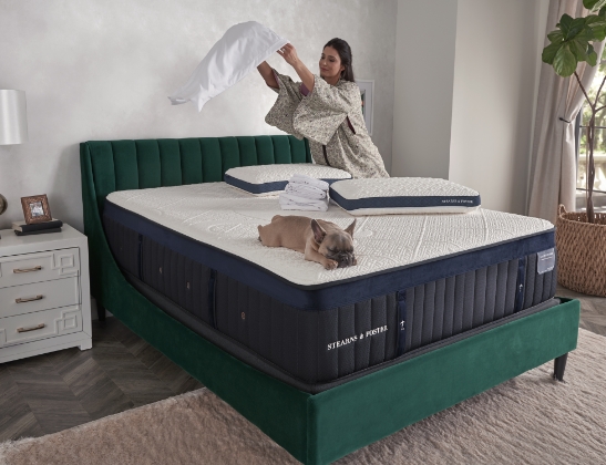 woman making bed dog laying on stearns and foster mattress
